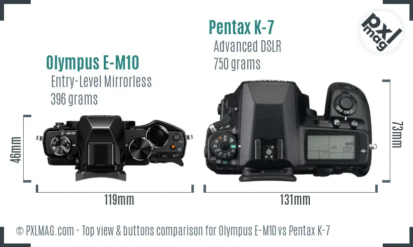 Olympus E-M10 vs Pentax K-7 top view buttons comparison