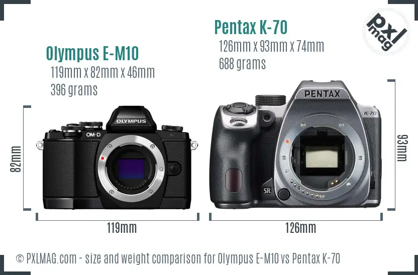 Olympus E-M10 vs Pentax K-70 size comparison