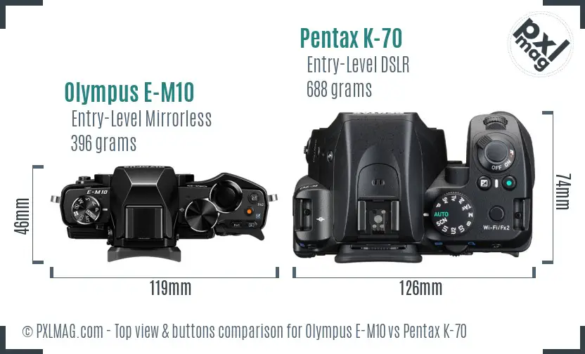 Olympus E-M10 vs Pentax K-70 top view buttons comparison
