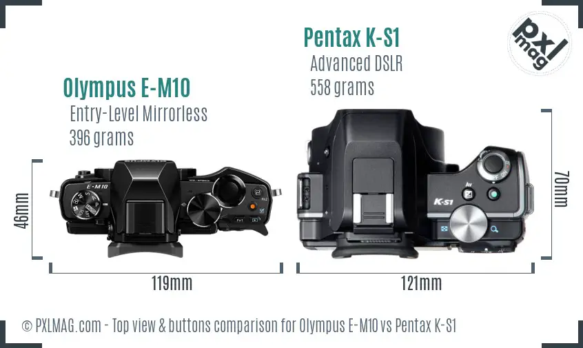 Olympus E-M10 vs Pentax K-S1 top view buttons comparison
