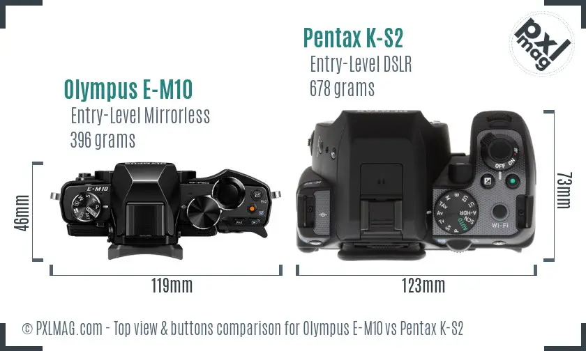 Olympus E-M10 vs Pentax K-S2 top view buttons comparison