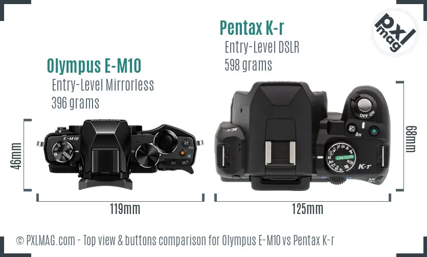 Olympus E-M10 vs Pentax K-r top view buttons comparison