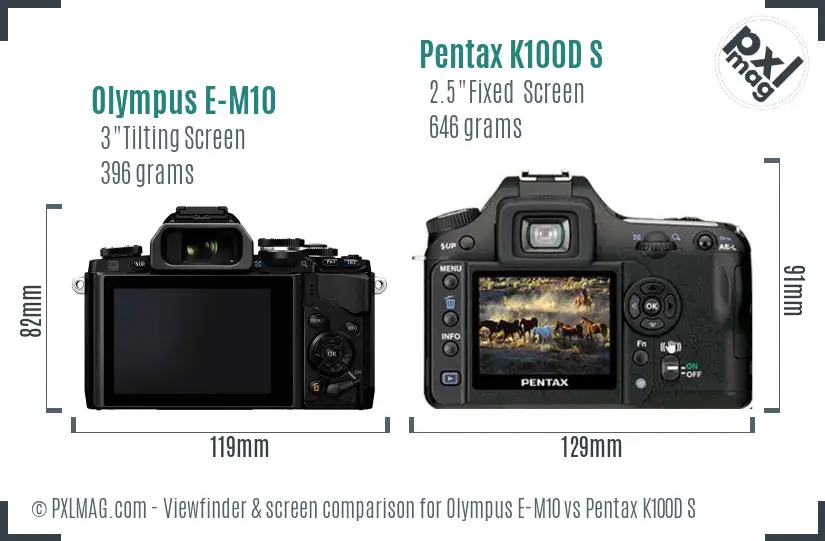 Olympus E-M10 vs Pentax K100D S Screen and Viewfinder comparison
