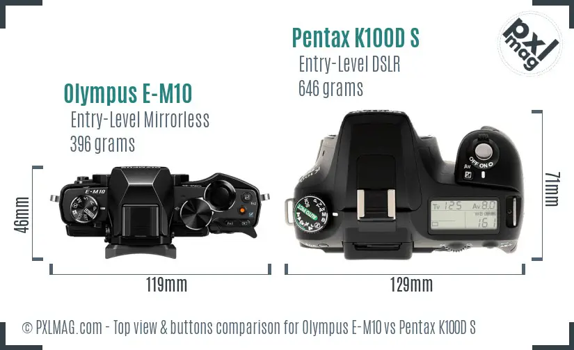 Olympus E-M10 vs Pentax K100D S top view buttons comparison