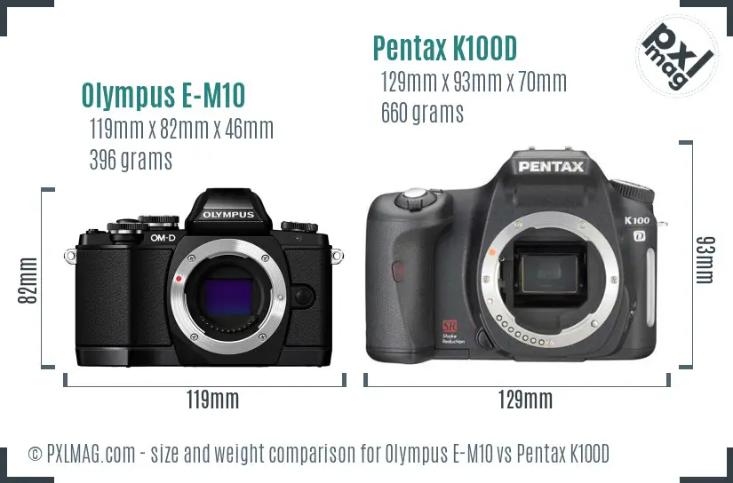 Olympus E-M10 vs Pentax K100D size comparison