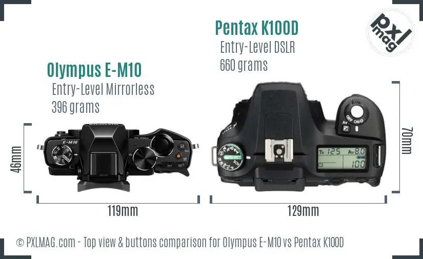 Olympus E-M10 vs Pentax K100D top view buttons comparison