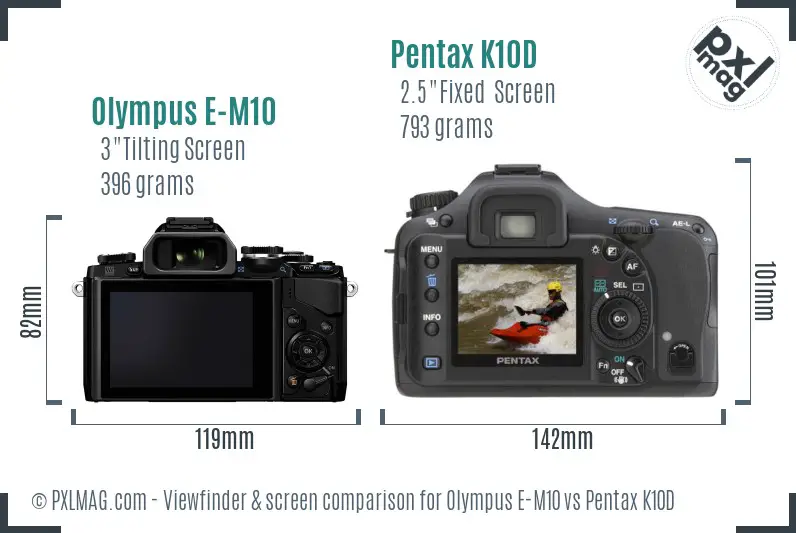 Olympus E-M10 vs Pentax K10D Screen and Viewfinder comparison