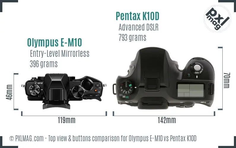 Olympus E-M10 vs Pentax K10D top view buttons comparison