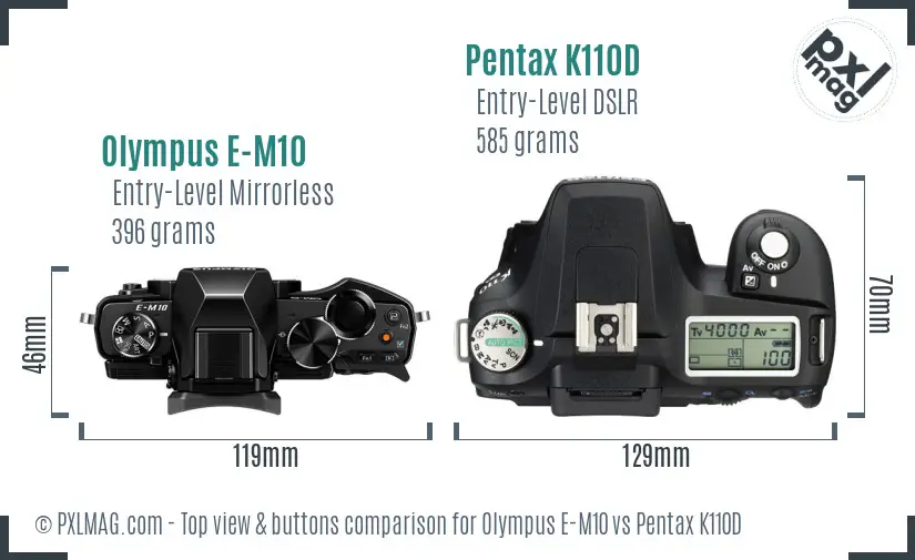 Olympus E-M10 vs Pentax K110D top view buttons comparison