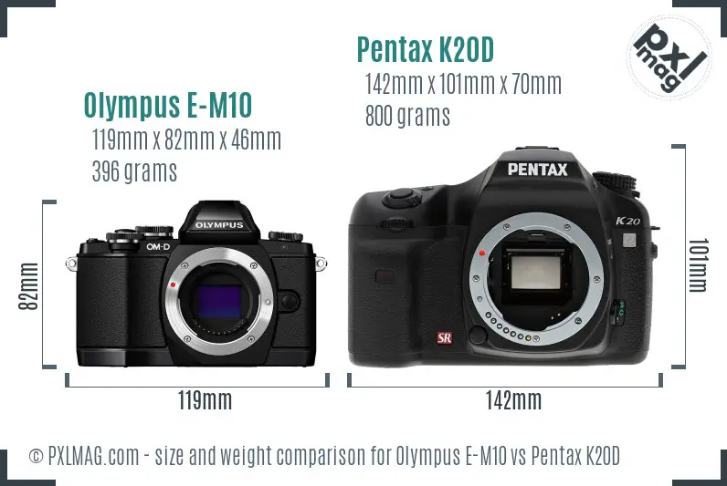 Olympus E-M10 vs Pentax K20D size comparison