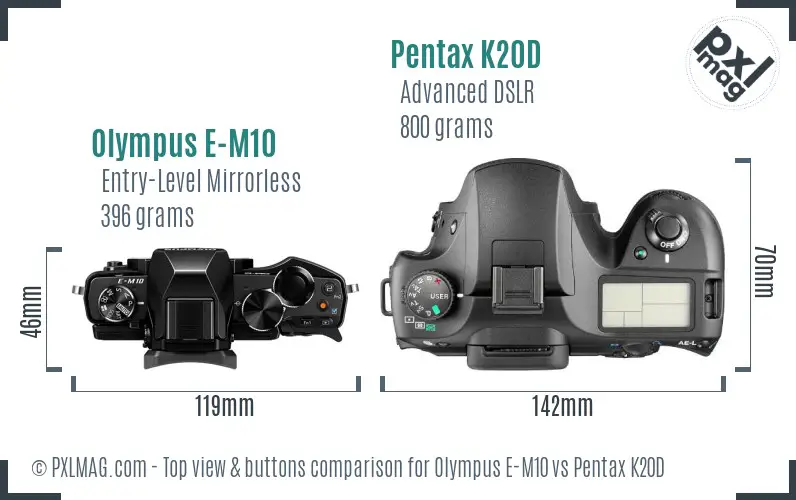Olympus E-M10 vs Pentax K20D top view buttons comparison