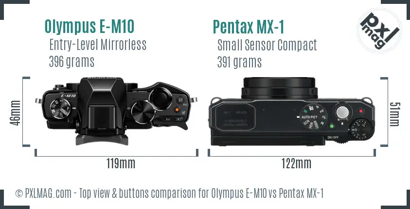 Olympus E-M10 vs Pentax MX-1 top view buttons comparison