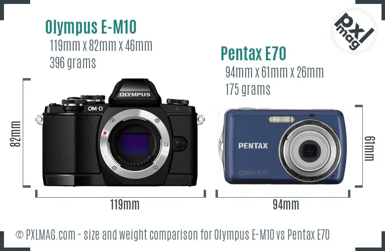 Olympus E-M10 vs Pentax E70 size comparison