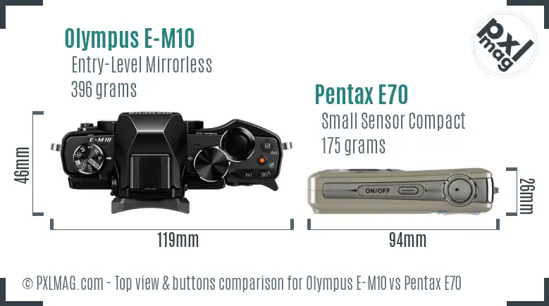 Olympus E-M10 vs Pentax E70 top view buttons comparison