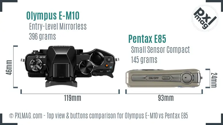 Olympus E-M10 vs Pentax E85 top view buttons comparison