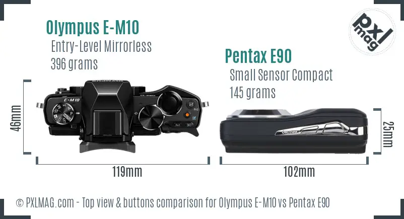 Olympus E-M10 vs Pentax E90 top view buttons comparison