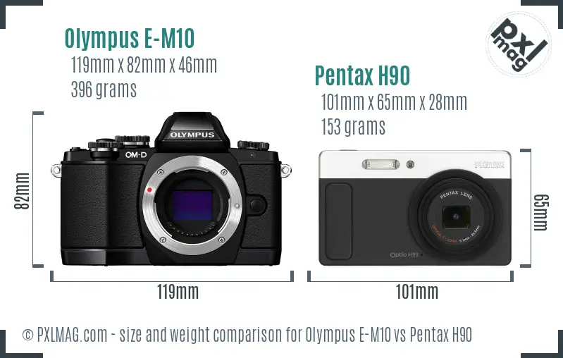 Olympus E-M10 vs Pentax H90 size comparison