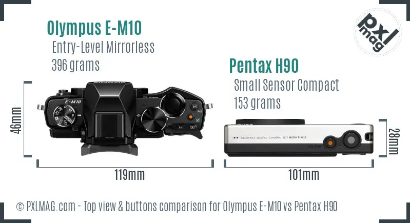 Olympus E-M10 vs Pentax H90 top view buttons comparison