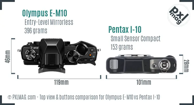 Olympus E-M10 vs Pentax I-10 top view buttons comparison