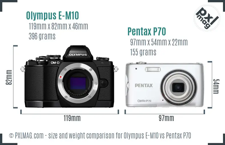 Olympus E-M10 vs Pentax P70 size comparison