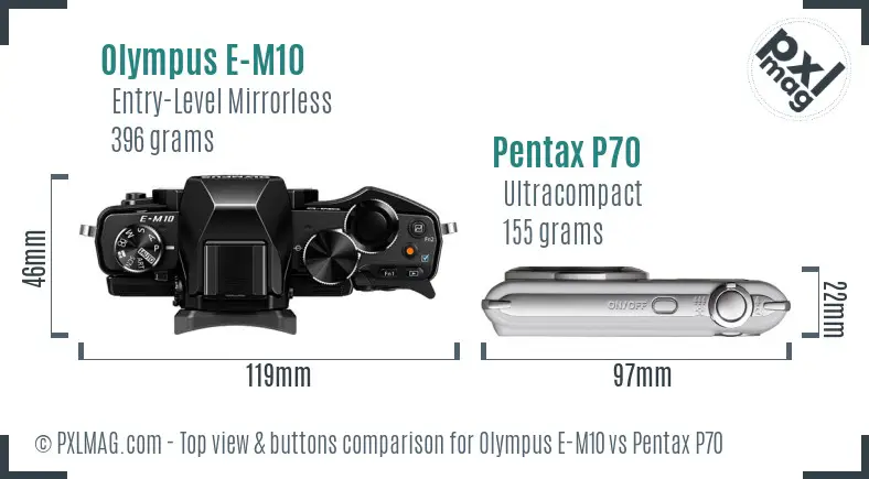Olympus E-M10 vs Pentax P70 top view buttons comparison