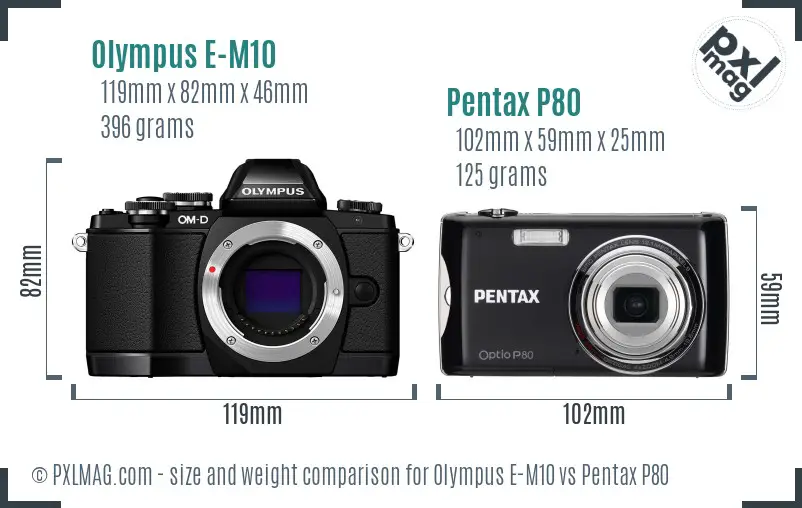 Olympus E-M10 vs Pentax P80 size comparison