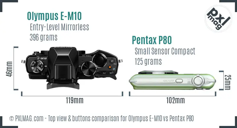 Olympus E-M10 vs Pentax P80 top view buttons comparison