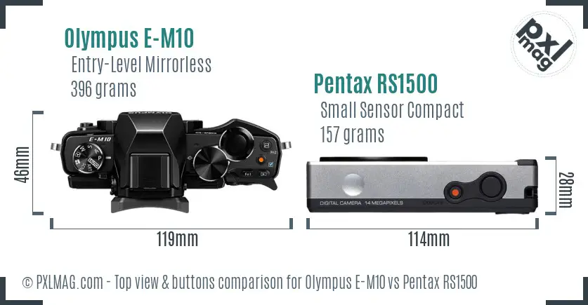 Olympus E-M10 vs Pentax RS1500 top view buttons comparison