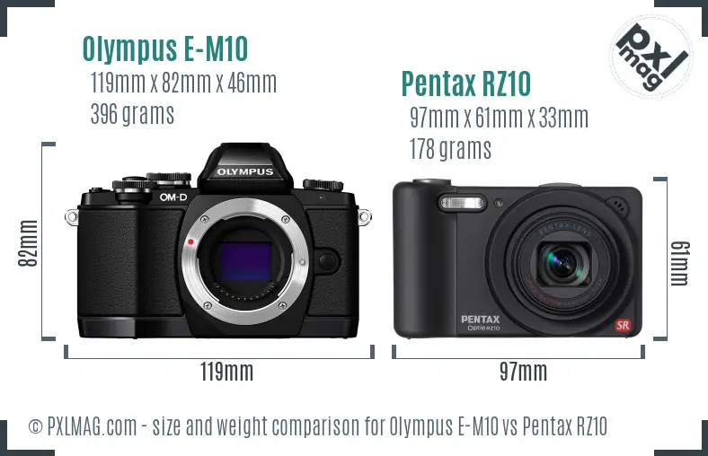Olympus E-M10 vs Pentax RZ10 size comparison