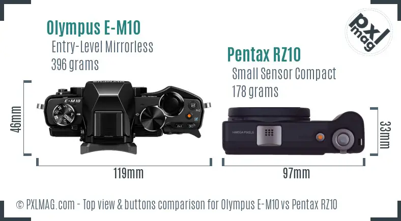 Olympus E-M10 vs Pentax RZ10 top view buttons comparison