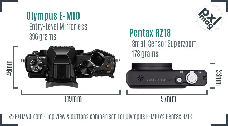 Olympus E-M10 vs Pentax RZ18 top view buttons comparison