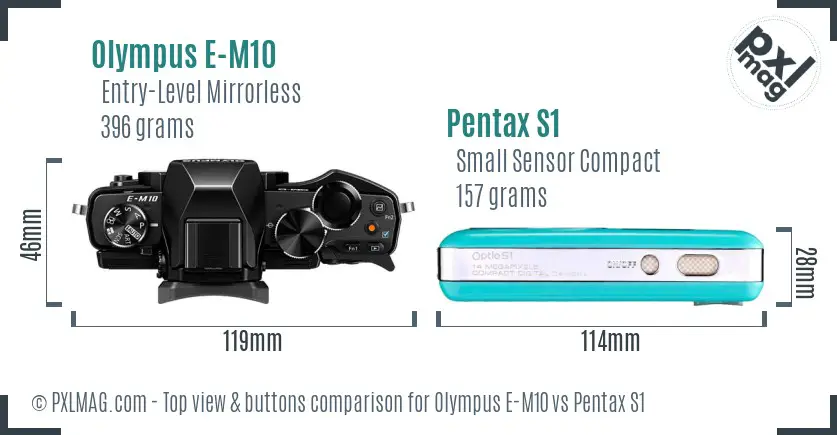 Olympus E-M10 vs Pentax S1 top view buttons comparison