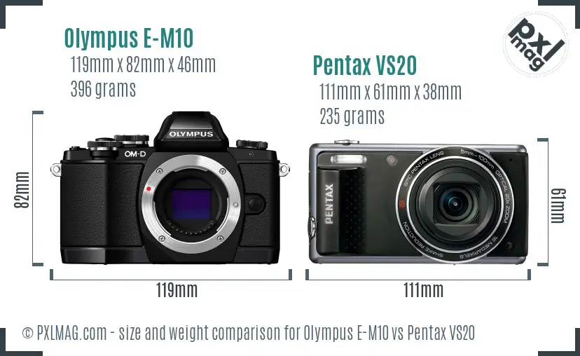 Olympus E-M10 vs Pentax VS20 size comparison