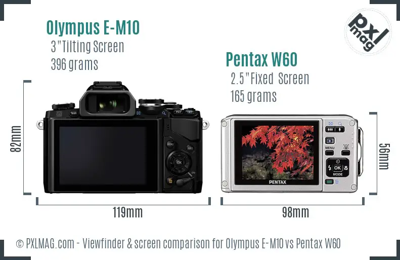 Olympus E-M10 vs Pentax W60 Screen and Viewfinder comparison