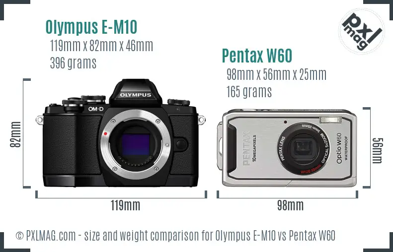 Olympus E-M10 vs Pentax W60 size comparison