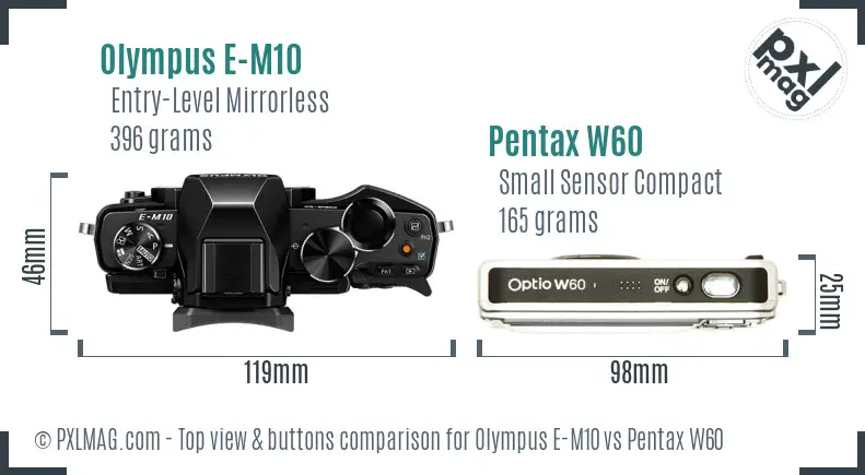 Olympus E-M10 vs Pentax W60 top view buttons comparison