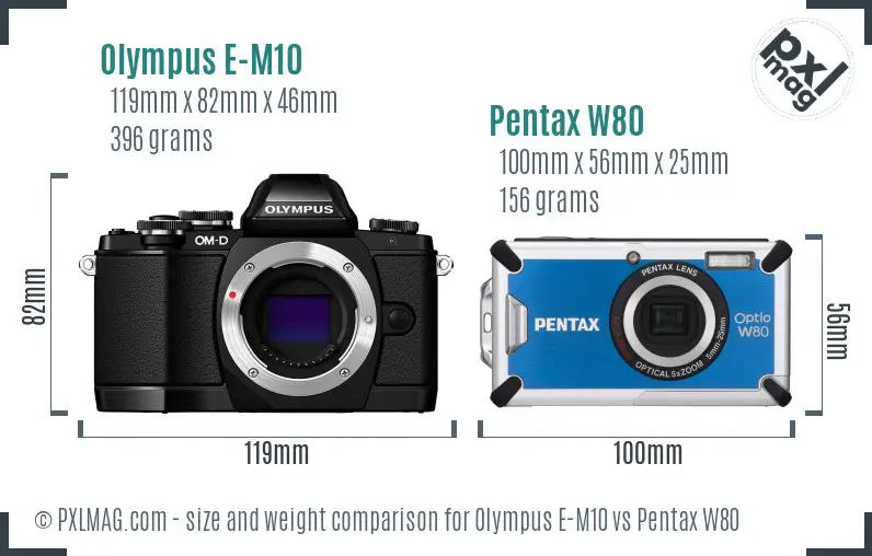Olympus E-M10 vs Pentax W80 size comparison