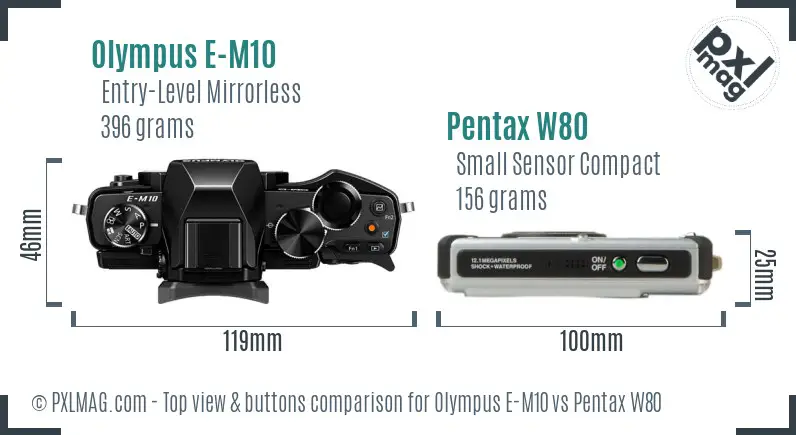 Olympus E-M10 vs Pentax W80 top view buttons comparison