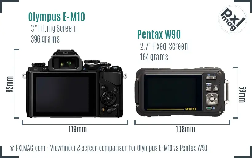 Olympus E-M10 vs Pentax W90 Screen and Viewfinder comparison