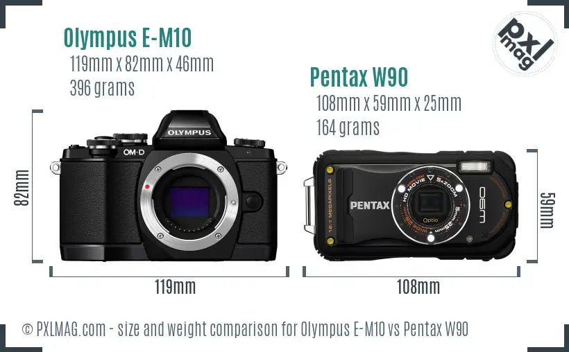 Olympus E-M10 vs Pentax W90 size comparison