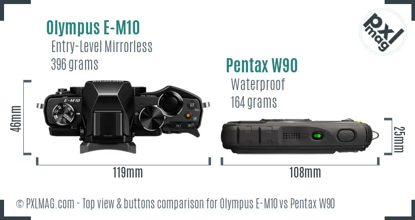 Olympus E-M10 vs Pentax W90 top view buttons comparison