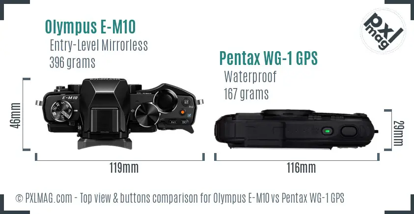 Olympus E-M10 vs Pentax WG-1 GPS top view buttons comparison