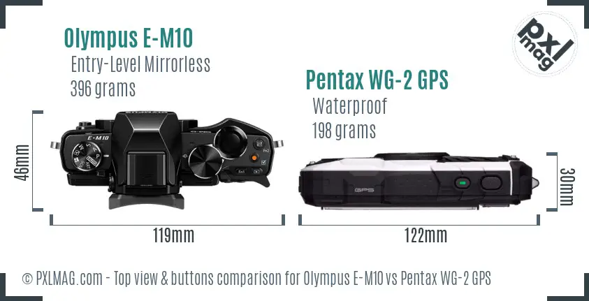 Olympus E-M10 vs Pentax WG-2 GPS top view buttons comparison