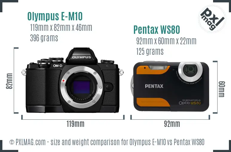 Olympus E-M10 vs Pentax WS80 size comparison