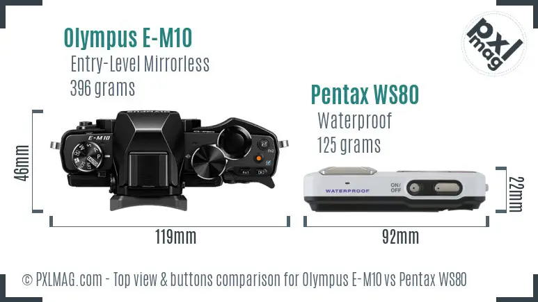 Olympus E-M10 vs Pentax WS80 top view buttons comparison