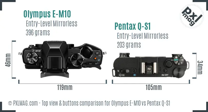 Olympus E-M10 vs Pentax Q-S1 top view buttons comparison