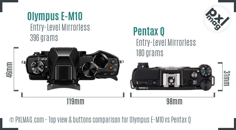 Olympus E-M10 vs Pentax Q top view buttons comparison