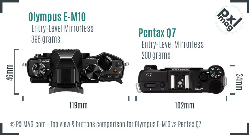 Olympus E-M10 vs Pentax Q7 top view buttons comparison