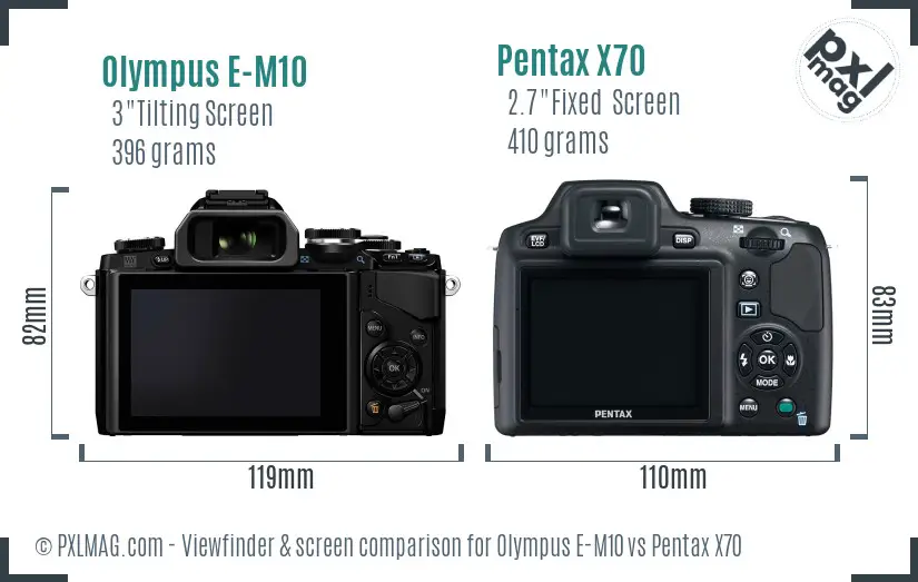 Olympus E-M10 vs Pentax X70 Screen and Viewfinder comparison Olympus E-M10 vs Pentax X70 Screen and Viewfinder comparison