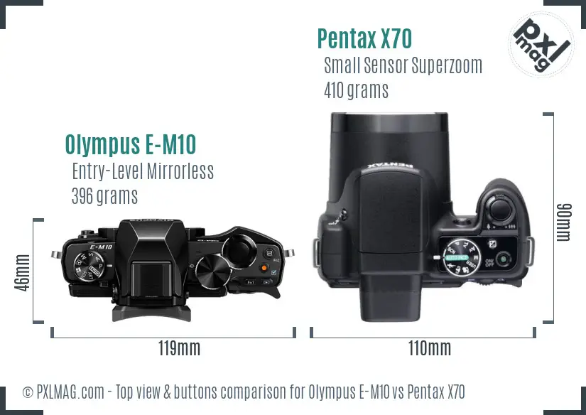 Olympus E-M10 vs Pentax X70 top view buttons comparison Olympus E-M10 vs Pentax X70 top view buttons comparison